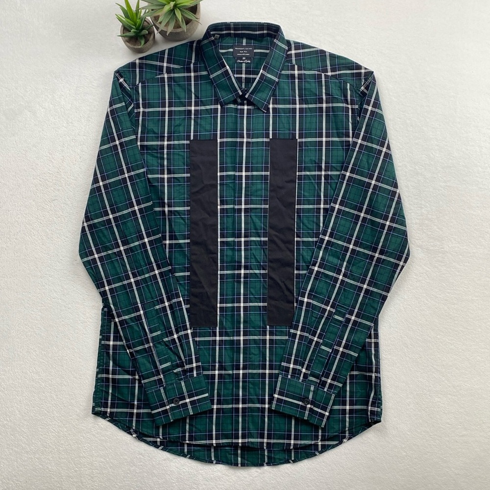 7 Diamonds Press Pause Patch Detail Plaid Long Sleeve Button Up Shirt (Green)